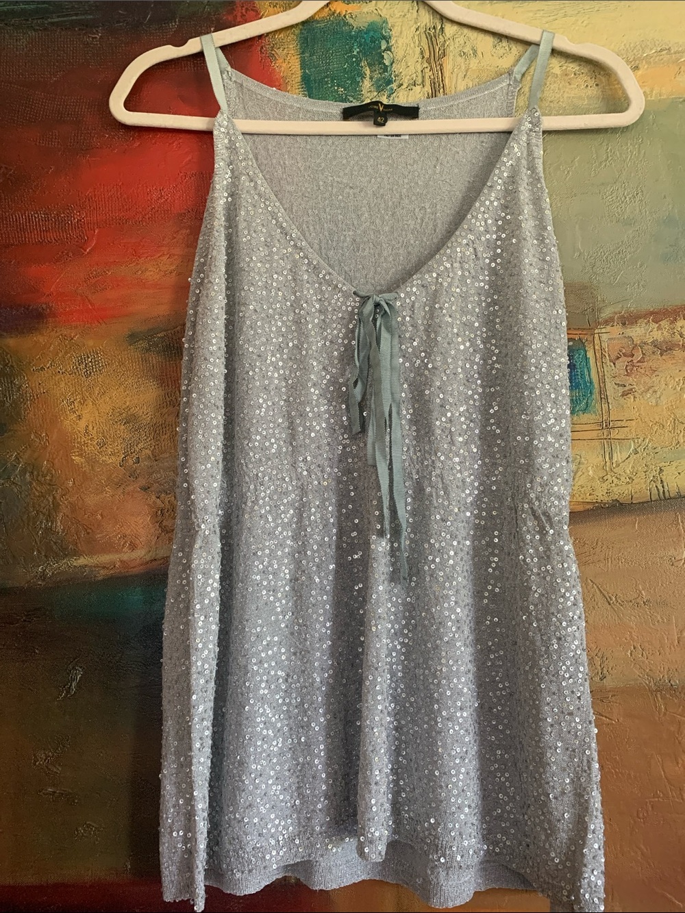 Votre Nom Silver Sequin Cami Tank Top Metallic Knit Size 42 (US M-L)